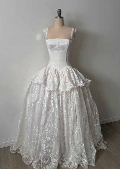 Vintage White Ball Gown Straps Satin Lace Prom Dress Wedding Dress SH5447