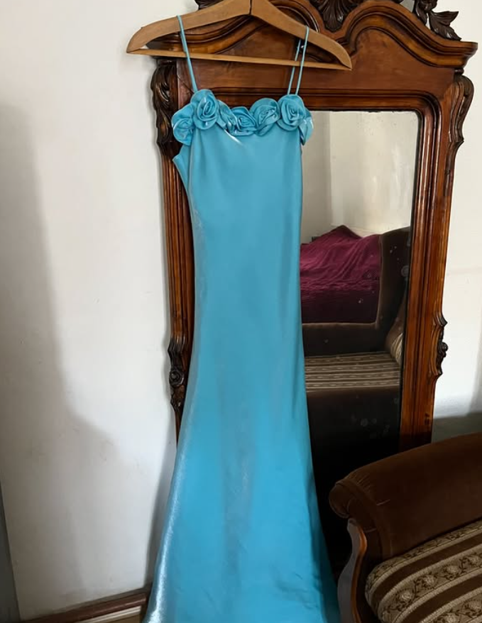 Dazzling Blue A Line Straps Floral Satin Prom Dress Evening Dress Date Dress SH5631