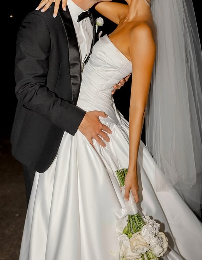 Pretty A Line Strapless White Satin Long Wedding Dress SH4855