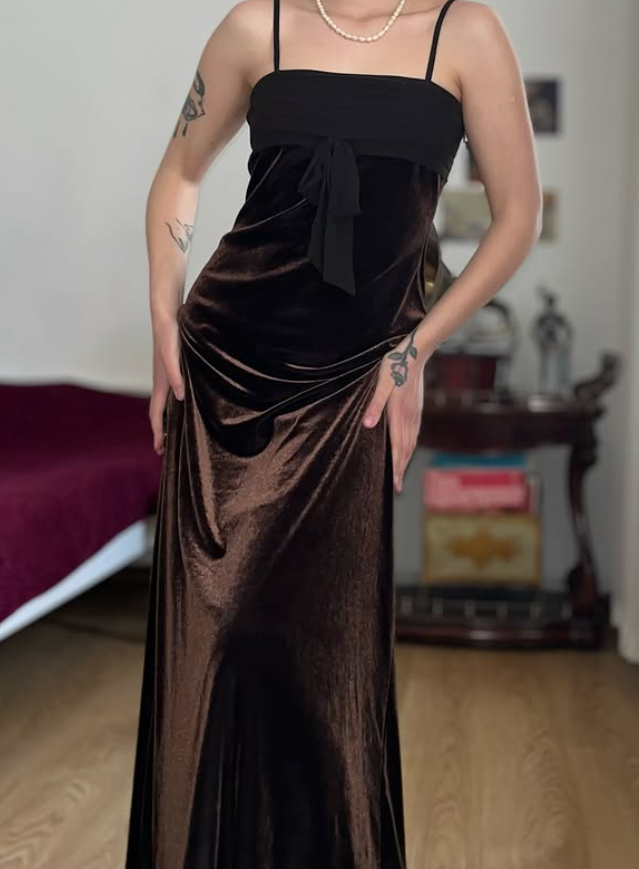 Vintage Sheath Spaghetti Strap Brown Velvet Prom Dress Evening Dress SH6075