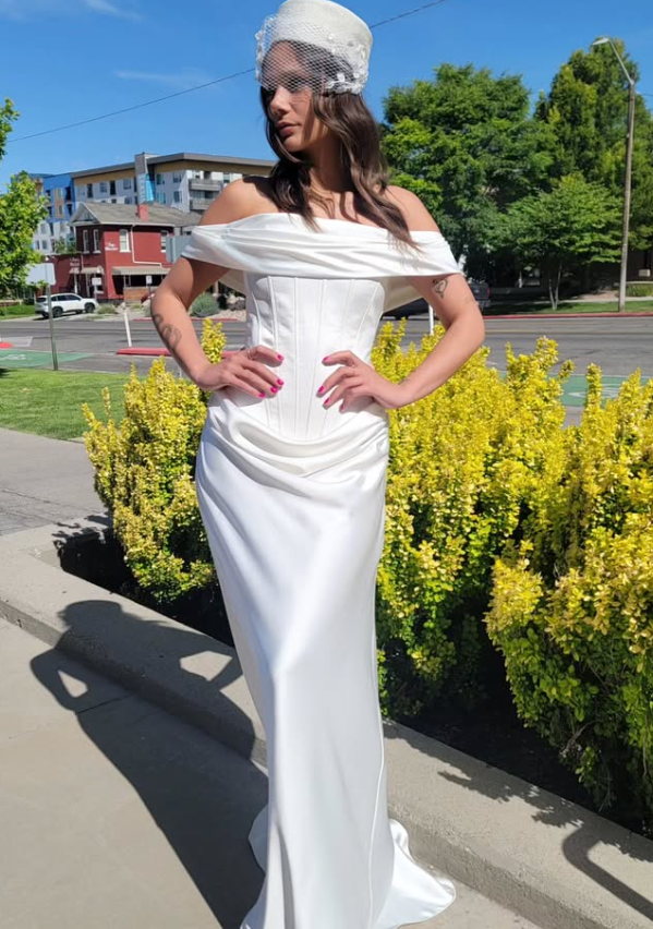 Simple Sheath Off the Shoulder Corset Satin Long Wedding Dress SH7140