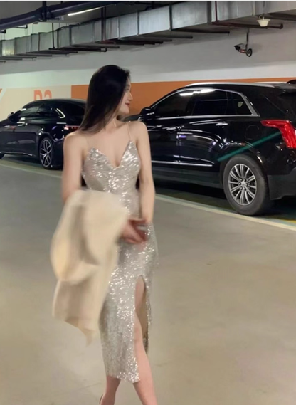 Sexy Sheath Spaghetti Strap Silver Sequin Homecoming Dress Cocktail Dress with Slit SH4060