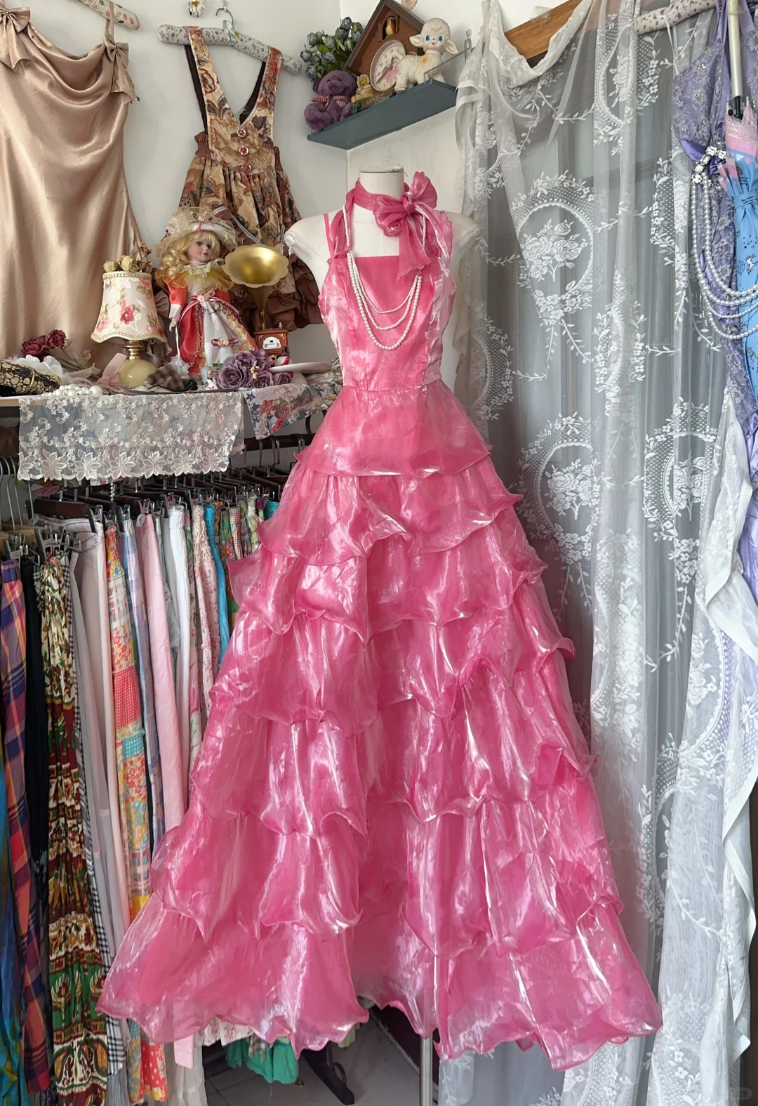 Pink Vintage A Line Straps Layered Organza Long Prom Dress SH5252