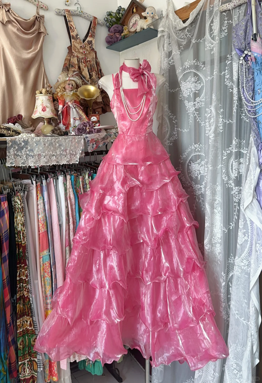 Pink Vintage A Line Straps Layered Organza Long Prom Dress SH5252