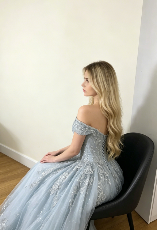 Princess Light Blue A Line Off the Shoulder Beaded Tulle Prom Dress SH5522