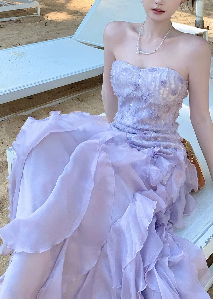 French Purple Ruffled Chiffon Strapless Prom Dress Summer SH6251