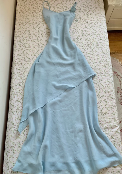 Vintage A Line Spaghetti Strap Baby Blue Chiffon Prom Dress Party Dress SH7415