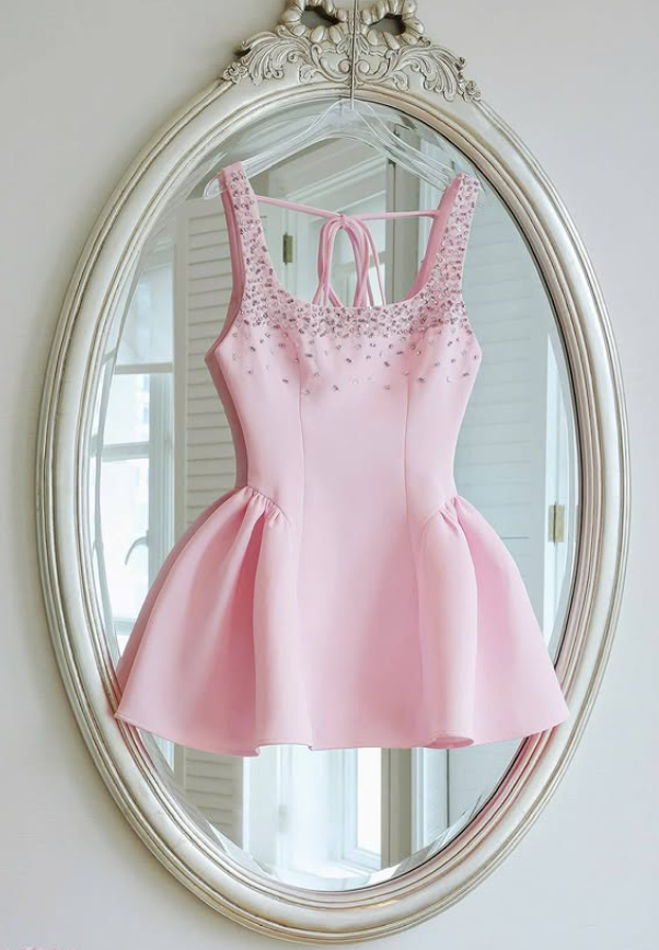 Pink A Line Strap Rhinestone Satin Short Homecoming Dress SH4783