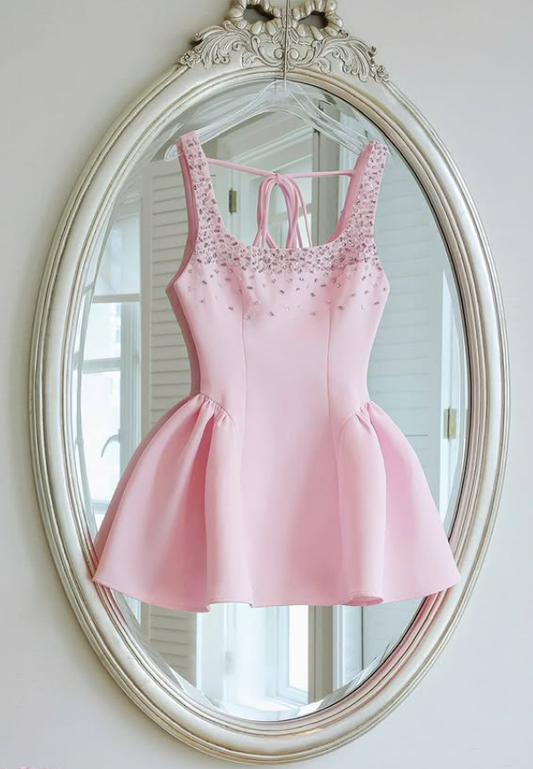 Pink A Line Strap Rhinestone Satin Short Homecoming Dress SH4783