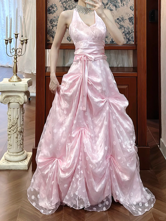 Vintage Pink Polka Dot A Line Halter Chiffon Satin Open Back Long Prom Dress SH5171