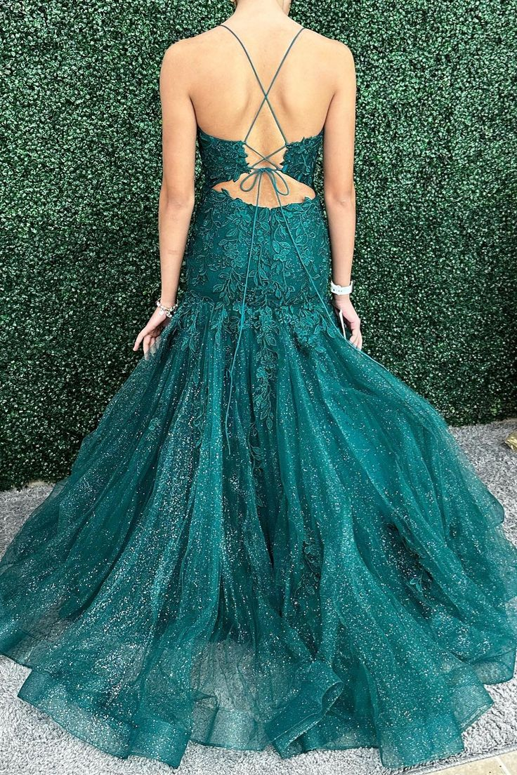 Green Mermaid Lace Applique Long Prom Dress Elegant Evening Dress SH821