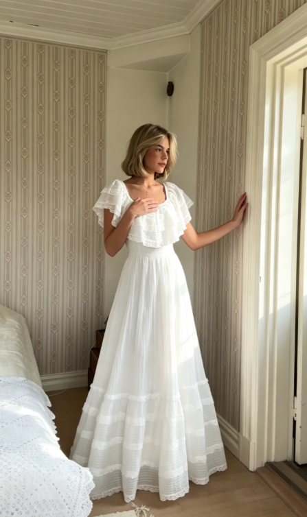 Princess A Line Square Neck White Lace Chiffon Prom Dress Wedding Dress SH7079