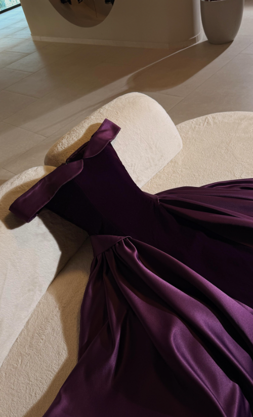 Elegant Purple A Line Off the Shoulder Velvet Satin Long Prom Dress Evening Dress SH6746