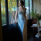 Elegant Blue A Line Straps Beaded Satin Long Prom Dress Date Dress SH4963