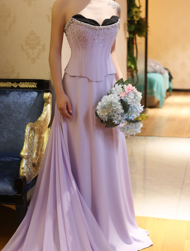 Lilac A Line Sweetheart Neck Beaded Satin Chiffon Long Prom Dress Evening Dress SH2370