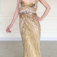 Shiny Gold Vintage A Line Straps Sequin Chiffon Long Prom Dress Wedding Guest Dress SH5507