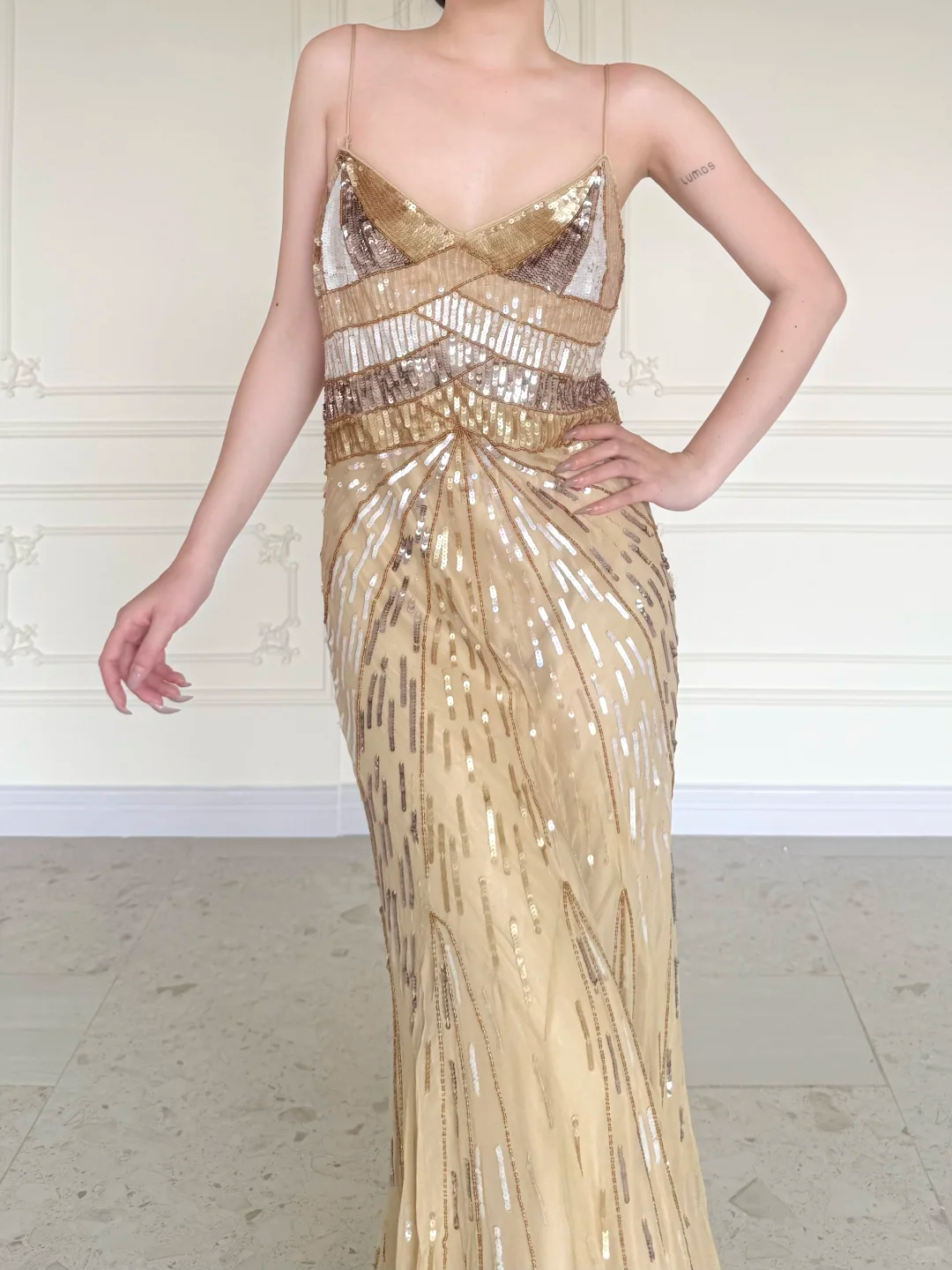 Shiny Gold Vintage A Line Straps Sequin Chiffon Long Prom Dress Wedding Guest Dress SH5507