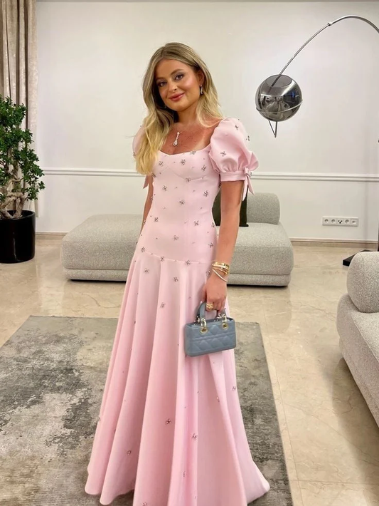 Pink Puff Sleeve A Line Beaded Satin Long Prom Dress Party Dress SH5539