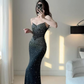 Sexy Mermaid Strapless Exquisite Beaded Black Satin Long Prom Dress Graduation Prom Dress SH5268