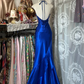 Vintage Blue Mermaid Long Prom Dresses Beaded Satin Evening Dresses Birthday Dresses SH5042
