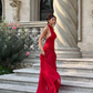 Charming Red A Line Halter Tulle Chiffon Long Prom Dress Evening Dress SH1947