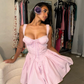 Cute Pink A Line Straps Lace Satin Short Homecoming Dress Outfits SH1838