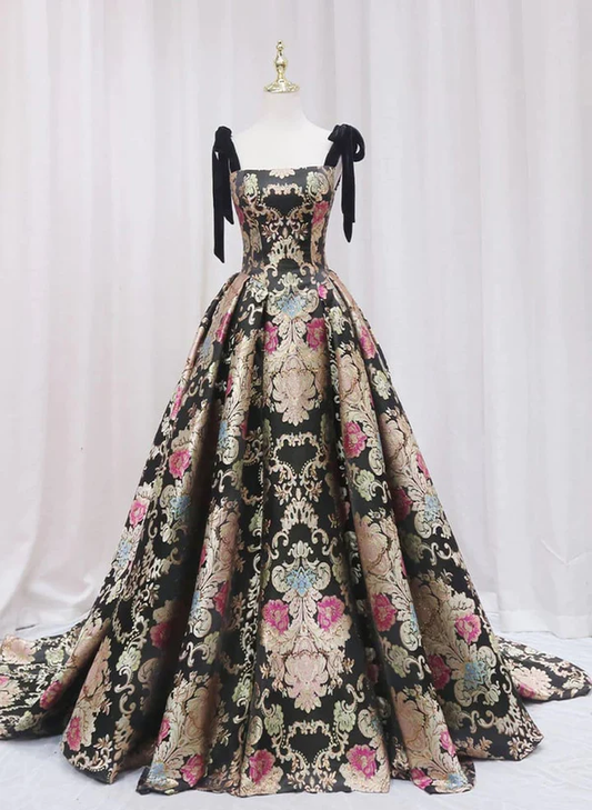 Vintage Satin Straps Floral Long Formal Evening Long Dress Prom Dress SH1158