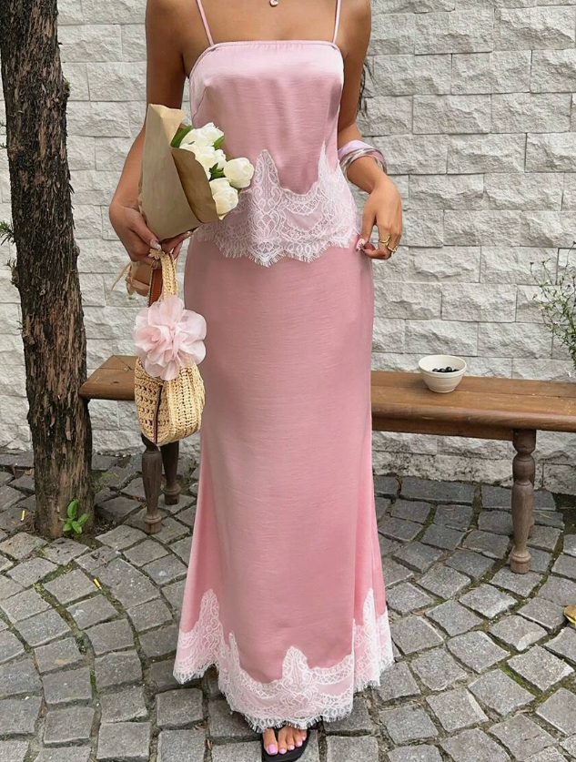 Gentle Pink Sheath Spaghetti Strap Lace Satin Long Prom Dress Evening Dress SH8506