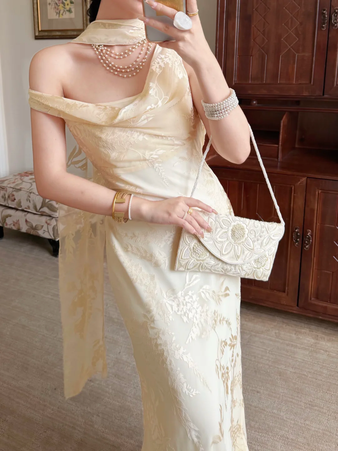 Gentle Mermaid Print Flower Light Champagne Chiffon Long Prom Dress Evening Dress SH6050