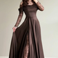 Elegant Brown A Line Long Sleeve Lace Satin Prom Dress Wedding Guest Dress SH5394