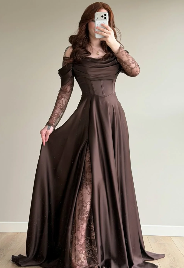 Elegant Brown A Line Long Sleeve Lace Satin Prom Dress Wedding Guest Dress SH5394