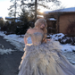Exquisite Beaded A Line Off the Shoulder Grey Tulle Long Evening Dress Party Dress SH3487
