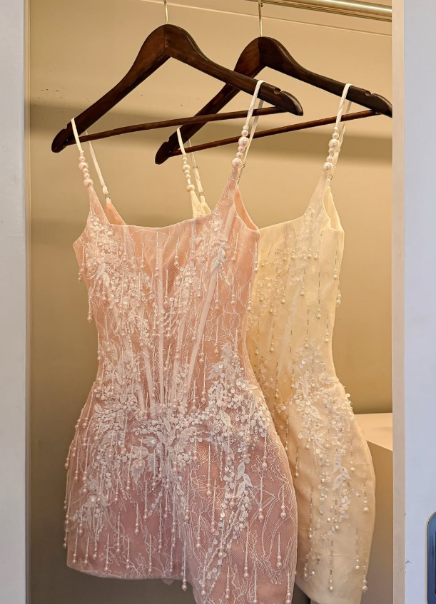 Light Pink Sheath Spaghetti Straps Corset Beading Tulle Cocktail Dress Homecoming Dress SH6169