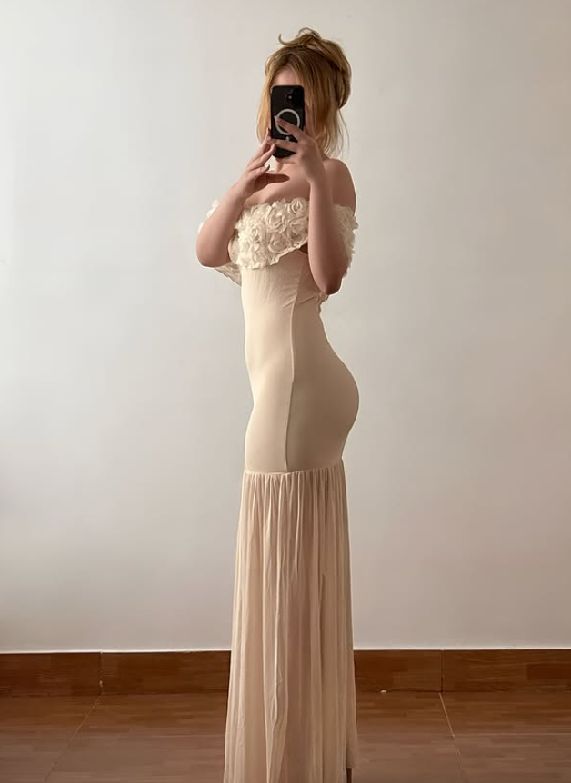 Gentle Apricot Mermaid Off the Shoulder 3D Floral Tulle Long Prom Dress Evening Dress SH6870