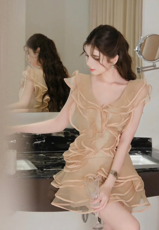 Light Brown A Line V Neck Ruffle Layered Tulle Short Homecoming Dress Outfits SH4434