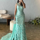 Luxurious Sheath One Shoulder Beaded Feather Long Prom Dress Evening Dress SH1962