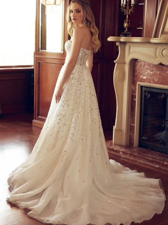 Shiny Sequin Beaded A Line Sweetheart Neck White Tulle Long Wedding Dress SH6045