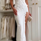 White Sheath Off the Shoulder Floral Satin Prom Dress Evening Dress with Slit SH4768