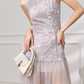 Purple A Line Round Neck Print Floral Tulle Satin Prom Dress Outfits SH4733