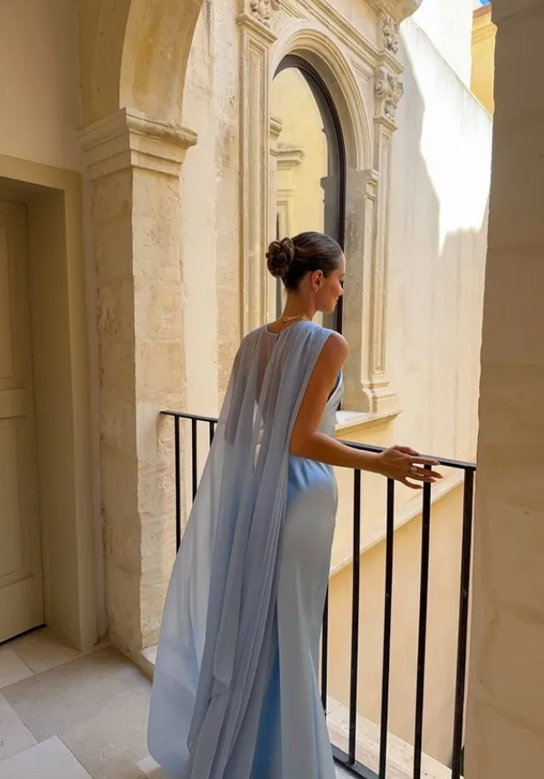 Baby Blue Elegant Sheath Spaghetti Strap Satin Chiffon Prom Dress Wedding Guest Dress SH5321