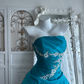 Vintage Blue A Line Strapless Lace Applique Pleated Satin Prom Dress Sweet 16 Dress SH5790