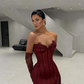 Sexy Burgundy Mermaid Strapless Lace Tulle Satin Prom Dress Wedding Guest Dress SH4700