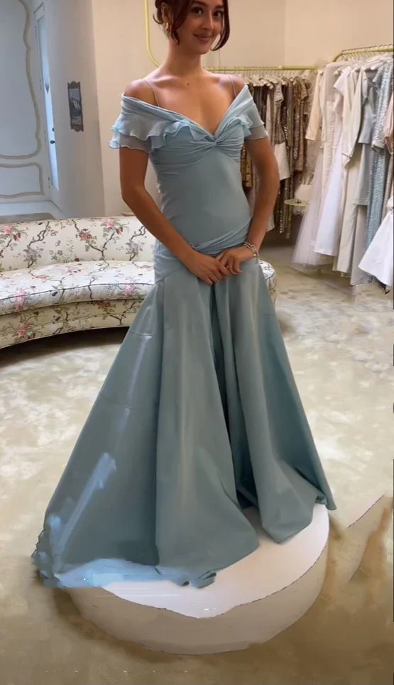 Retro Style A Line Off the Shoulder Blue Satin Long Party Dress Prom Dress SH2611