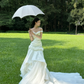 Pretty Mermaid Off the Shoulder White Floral Satin Tulle Long Prom Dress Wedding Dress SH3964