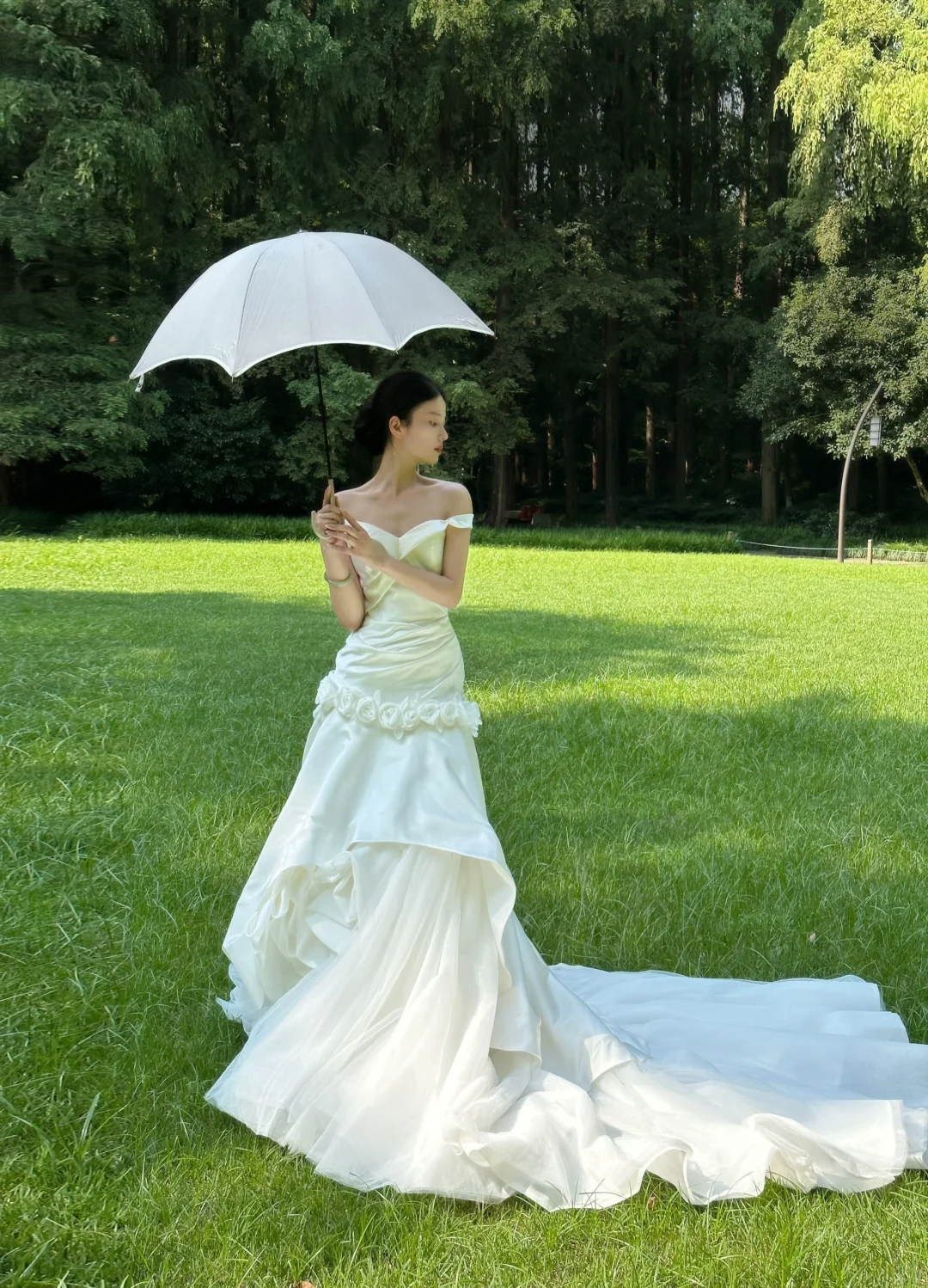 Pretty Mermaid Off the Shoulder White Floral Satin Tulle Long Prom Dress Wedding Dress SH3964