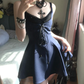 Vintage A Line Straps Black Lace Navy Blue Satin Short Homecoming Dress Cocktail Dress SH3240