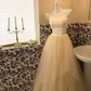 Simple Light Champagne A Line Strapless Satin Tulle Party Dress Prom Dress SH3849