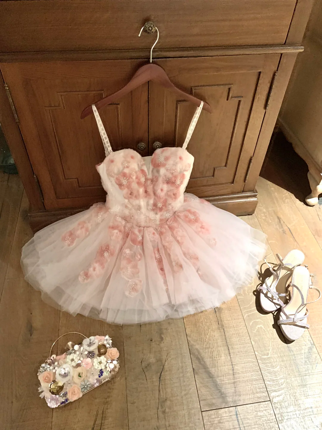 Pink Floral A Line Strapless Tulle Short Prom Dress Homecoming Dress SH7186
