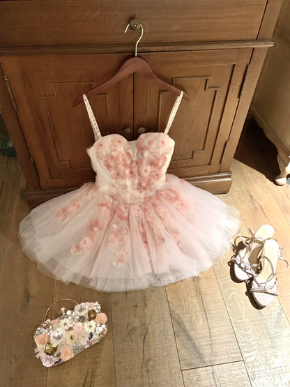 Pink Floral A Line Strapless Tulle Short Prom Dress Homecoming Dress SH7186