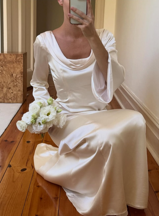 Vintage A Line Long Sleeve Ivory Simple Satin Prom Dress Wedding Dress SH8463